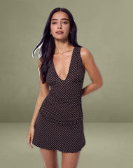 Luscian Plunge Mini Dress in Micro Polka Brown