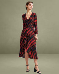 The Red V Neck Slit Long Sleeve Midi Dress