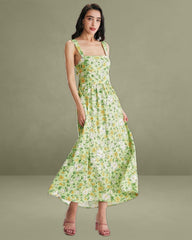 Green Floral Backless Maxi Dress