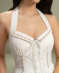 White Embroidery A-Line Halter Midi Dress