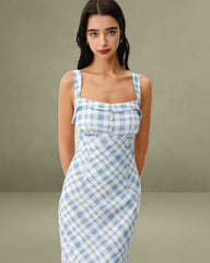 Blue Plaid Square Neck Slip Midi Dress