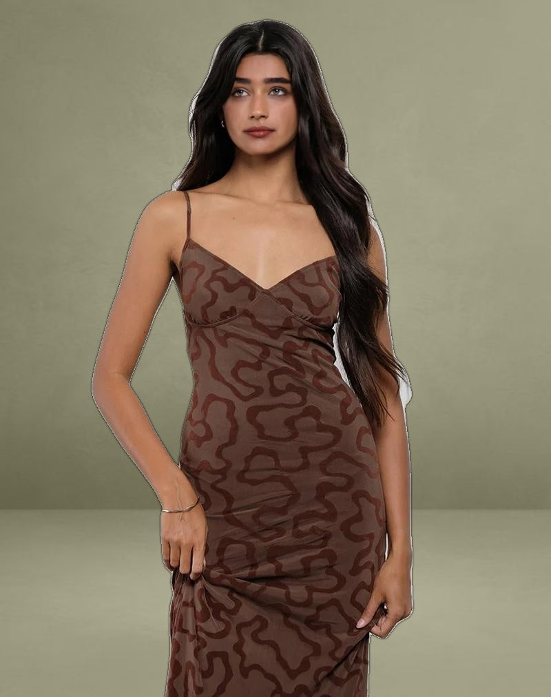 Kalana Maxi Dress in Brown Swirl Flock