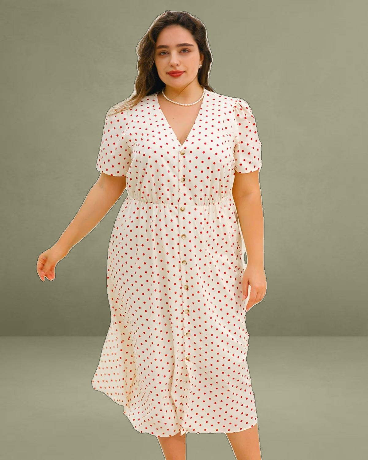 Beige Polka Dot Plus Size Midi Dress