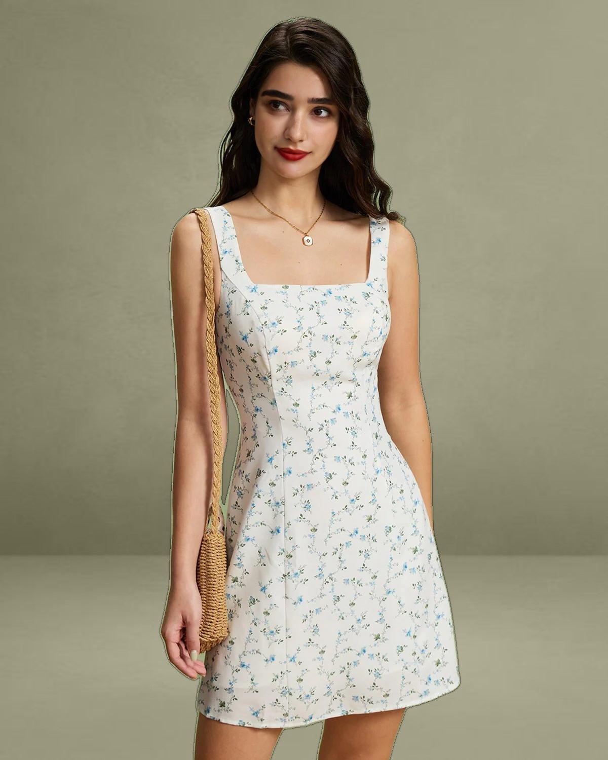White Floral Square Neck Slip Mini Dress