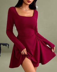 Wine Red Square Neck A-Line Mini Dress