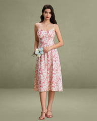 Pink Floral Sweetheart Neck Shirred Slip Midi Dress