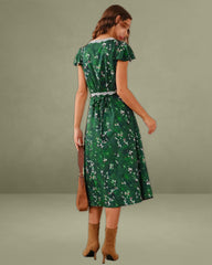 Green Floral V Neck Ruched Midi Dress