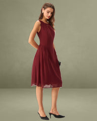 Wine Red Chiffon Sleeveless Midi Dress