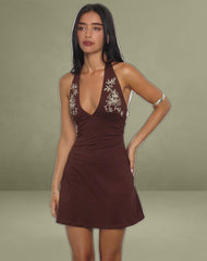 Hepzhi Mini Dress in Bitter Chocolate with Floral Embroidery