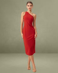 Red Knit One shoulder Midi Dress