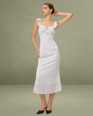 White Polka Dot Ruffle Midi Dress