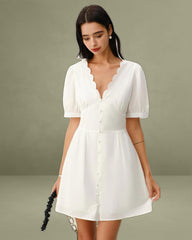 White V-Neck Ruched Mini Dress