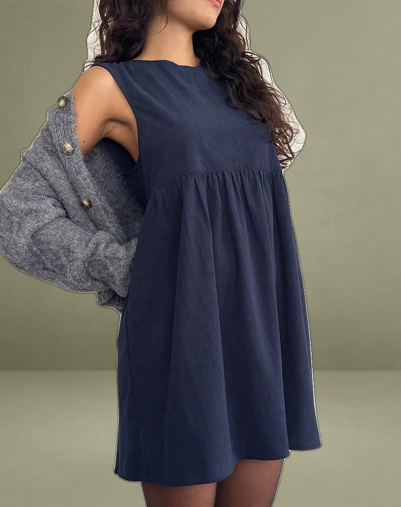 Sheba Mini Dress in Babycord Ink Blue