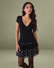 Navya Wrap Mini Dress in Polka Black and White
