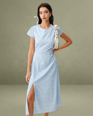 Blue Round Neck Button Slit Midi Dress