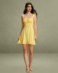Yellow Square Neck Ruched Mini Dress