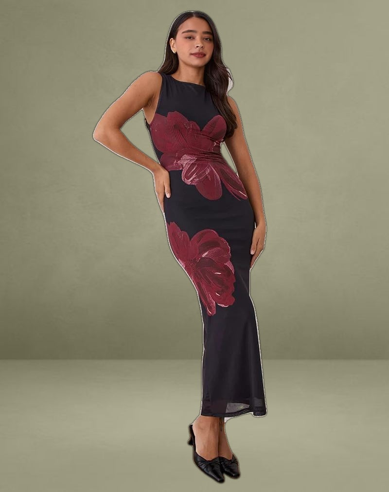 Fayola Maxi Dress In Black with Burgundy Watercolour Flower