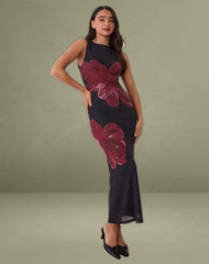 Fayola Maxi Dress In Black with Burgundy Watercolour Flower