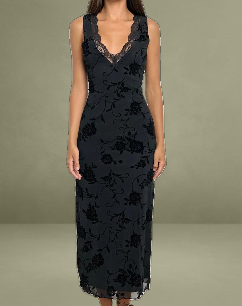 Saga Midi Dress in Rose Flock Black