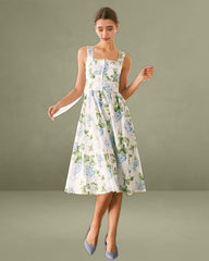 The White Square Neck Floral A-Line Midi Dress