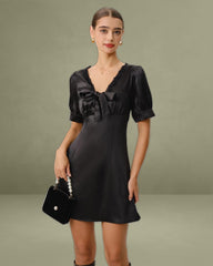 Black V Neck Satin Mini Dress