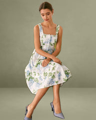 The White Square Neck Floral A-Line Midi Dress