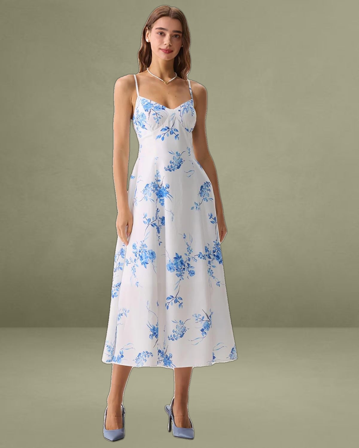 Blue Floral Shirred A-Line Slip Maxi Dress
