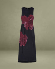 Fayola Maxi Dress In Black with Burgundy Watercolour Flower