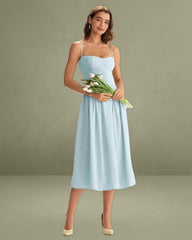 Blue Square Neck Pocket Slip Midi Dress