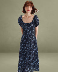 Navy Floral U-Neck Puffed-Sleeve Maxi Dress