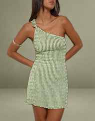 Idarius One Shoulder Mini Dress in Stripe Textured Mesh Mint