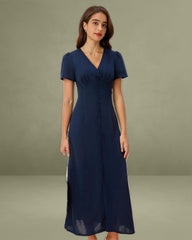 Blue V Neck Button Pleated Midi Dress