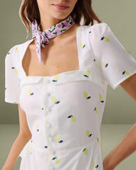 White Fruit Square Neck Midi Dress