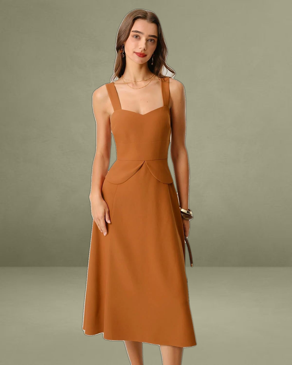 Caramel Sweetheart Neck Slip Midi Dress