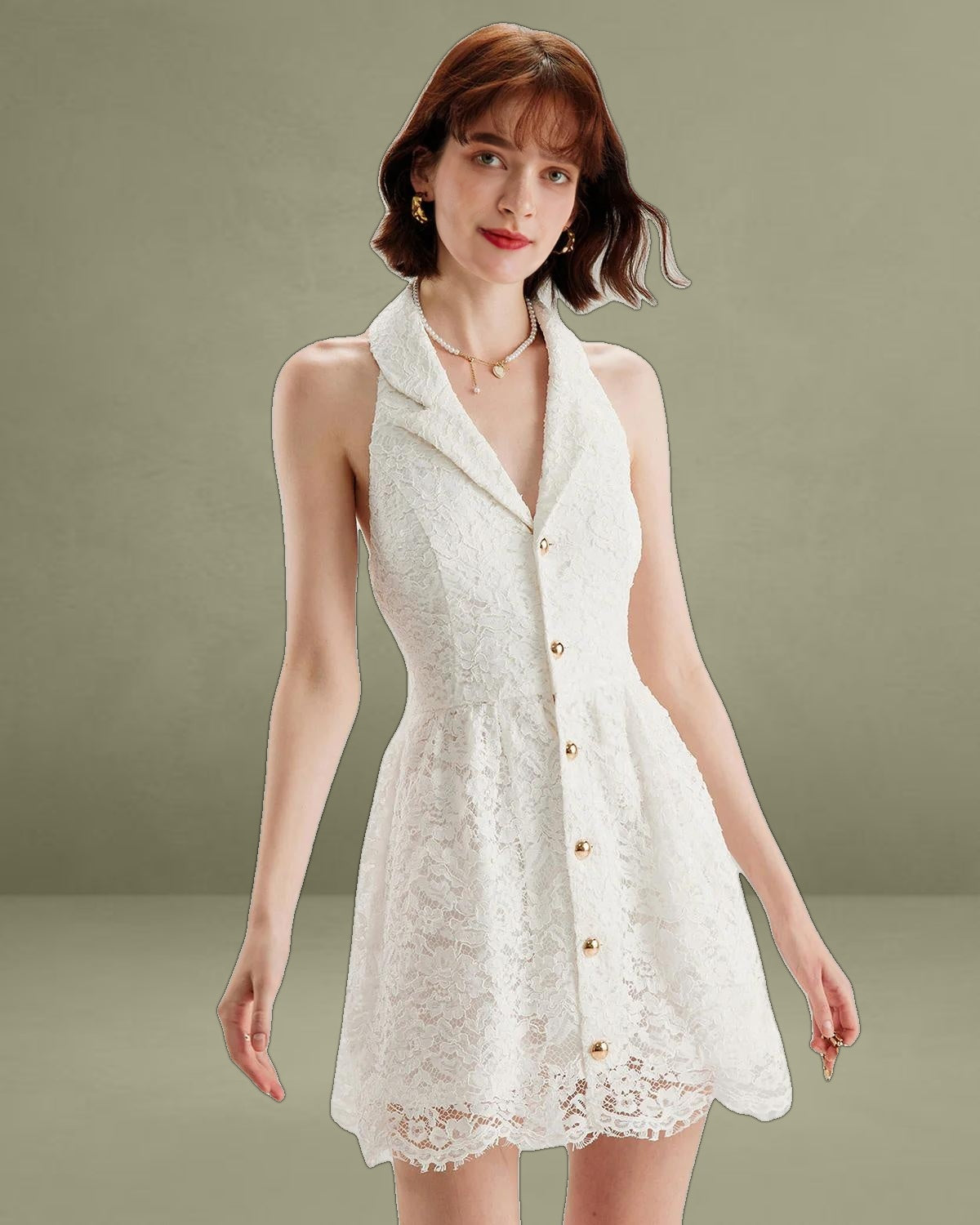 White Lace Collared Sleeveless Mini Dress