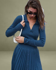 Blue Button A-Line Sweater Dress