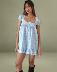 Trim Mini Dress in Blue Flower Gingham