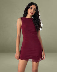 Renata Asymmetrical Mini Dress in Burgundy Mesh