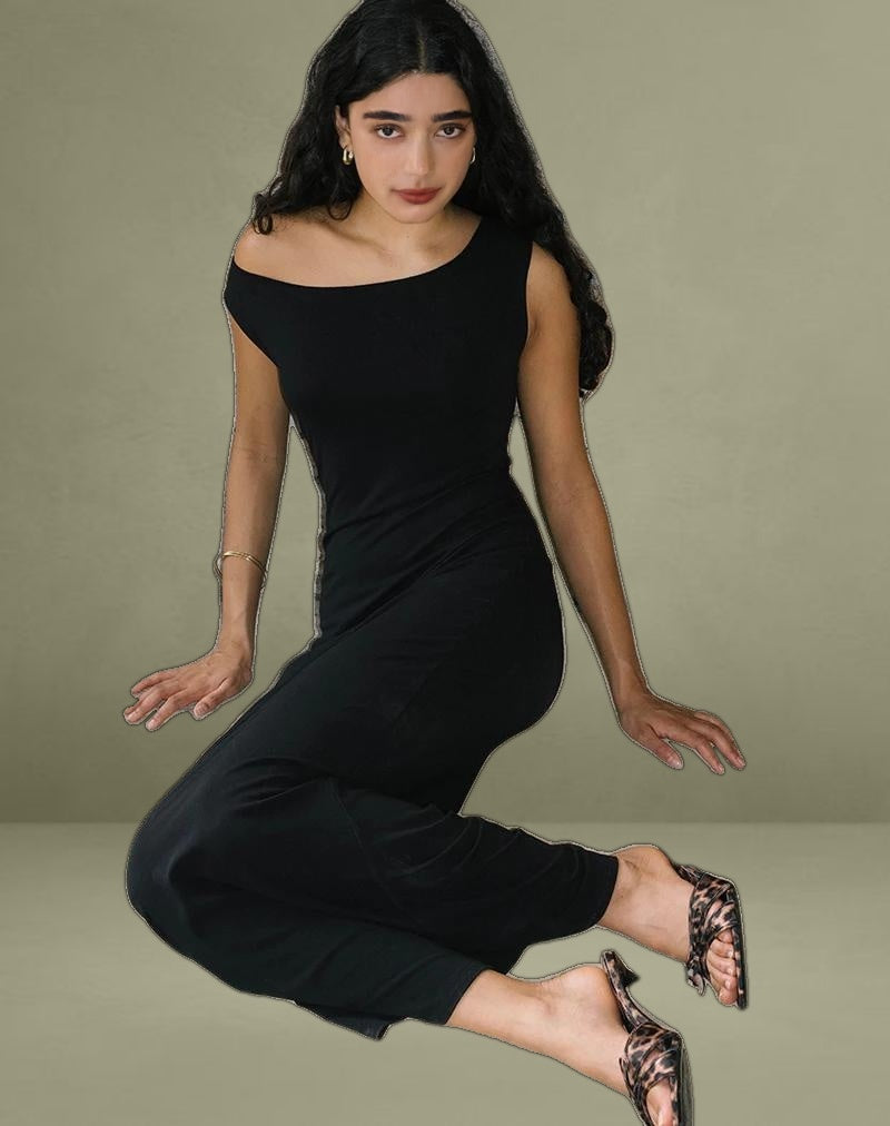 Ardita Asymmetrical Rib Knit Maxi Dress in Black