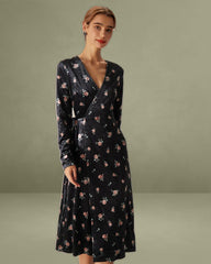 The Black V Neck Floral Velvet Wrap Midi Dress