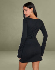 Lulusia Scoop Neck Long Sleeve Mini Dress in Black