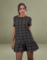 Asterin Mini Smock Dress in Navy Mustard Check