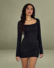 Janjisu Long Sleeve Lycra Bodycon Mini Dress in Black