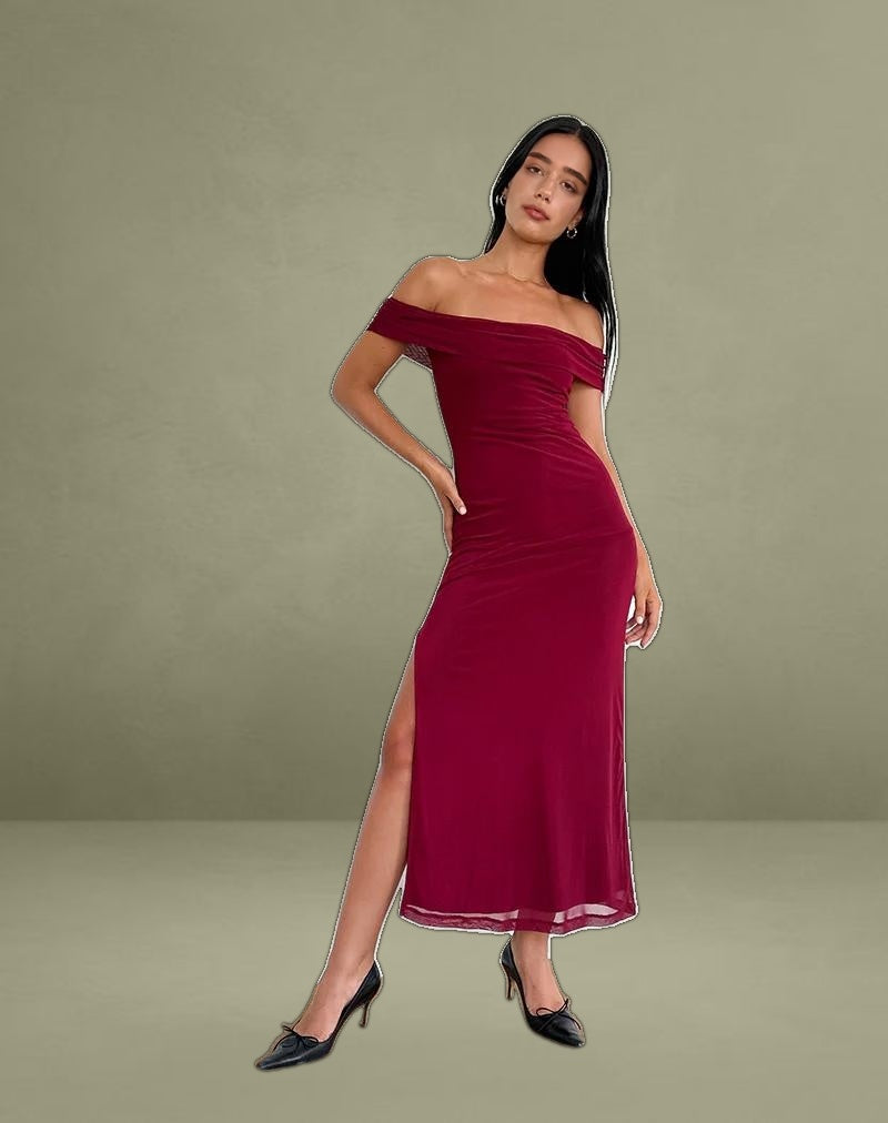 Tarna Bardot Maxi Dress in Mesh Burgundy