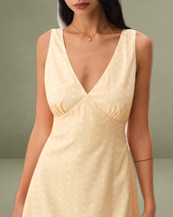 Yellow V Neck Polka Dot Sleeveless Mini Dress