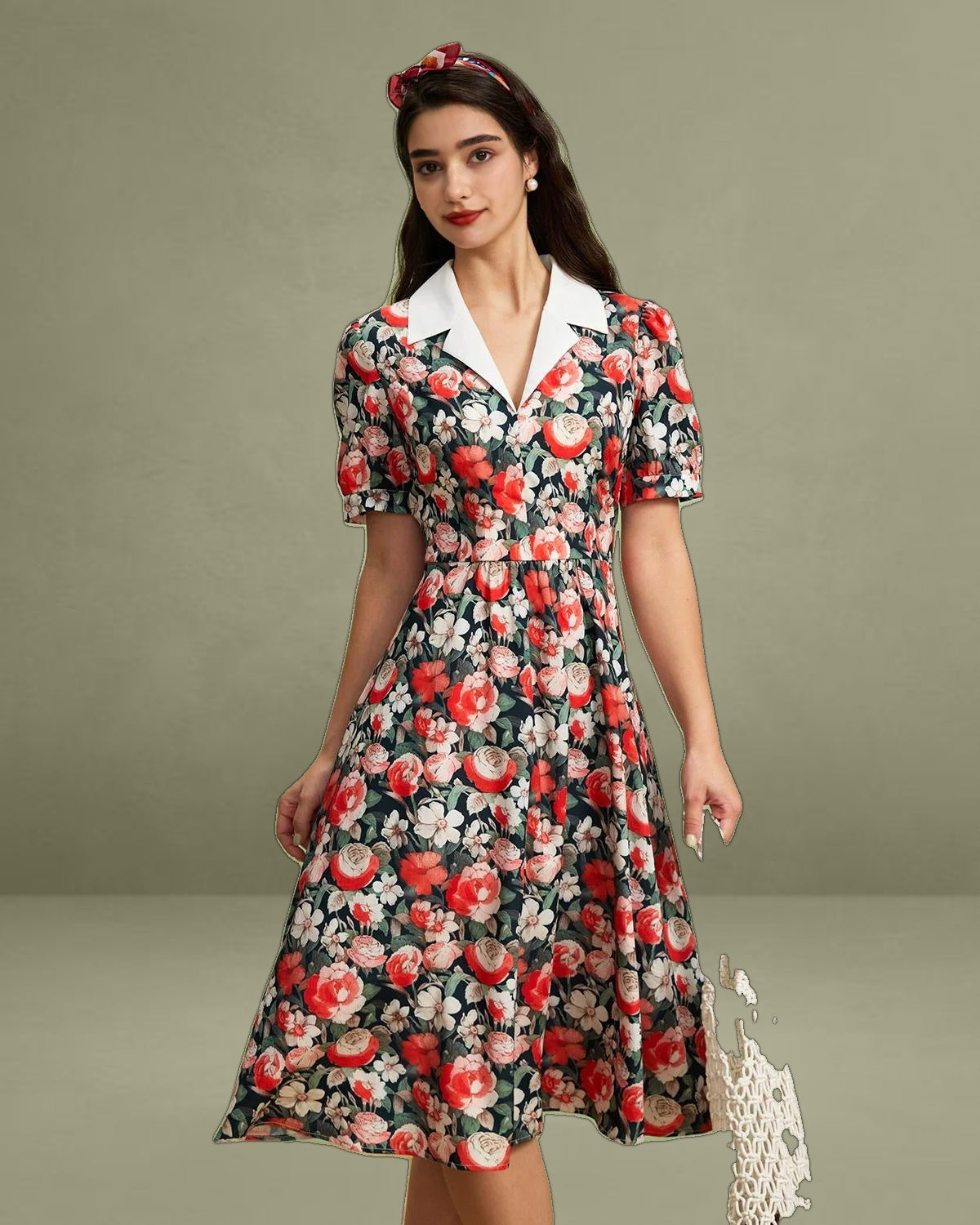 Black Floral Contrast Midi Dress