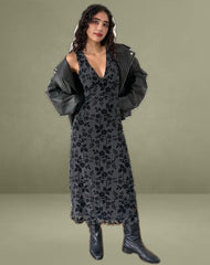 Gabriela Midi Dress in Vine Flocked Floral Ocean Storm