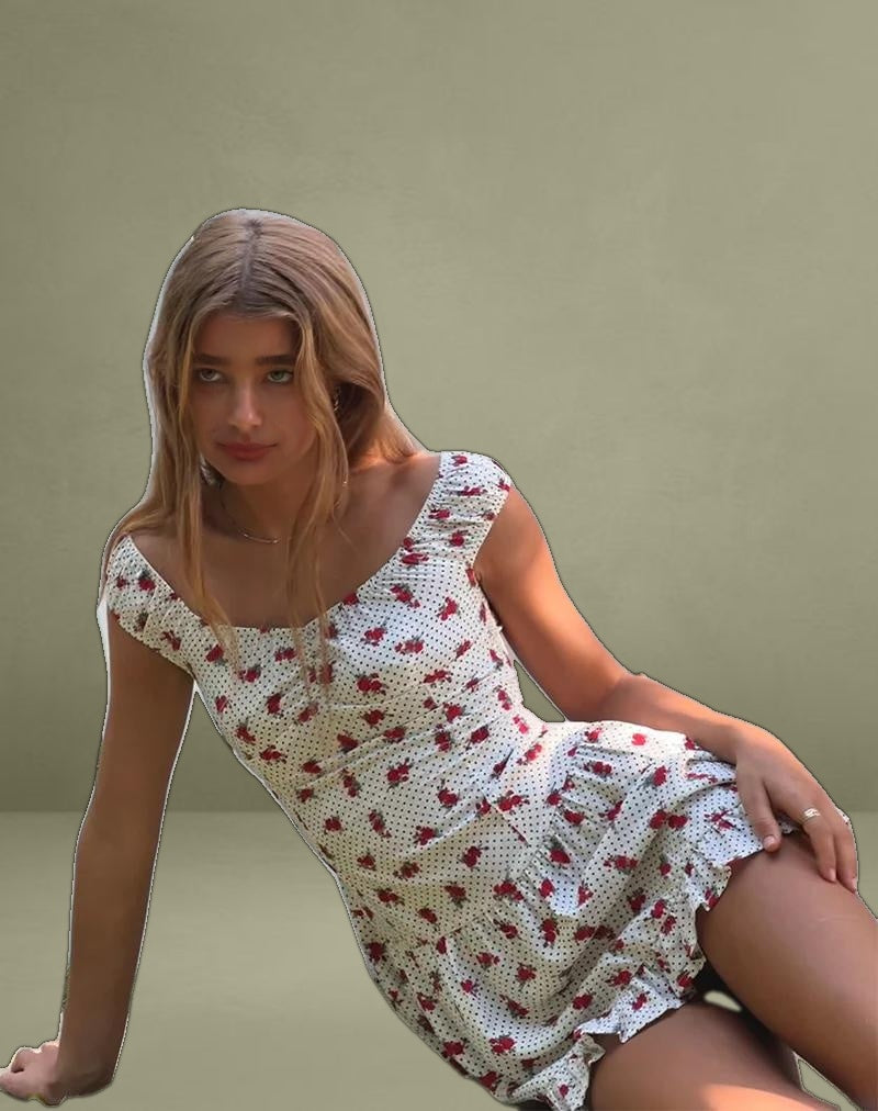 Aca Bardot Mini Dress in White Rose Polka