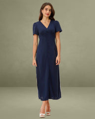 Blue V Neck Button Pleated Midi Dress