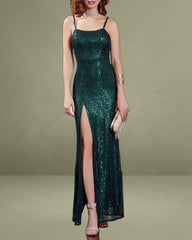 Green Sequins Slip Maxi Dress